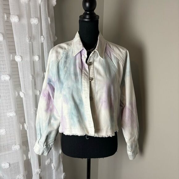 Zara cropped tie dyed long sleeve puff sleeve button down denim jacket large‎ - Picture 3 of 11